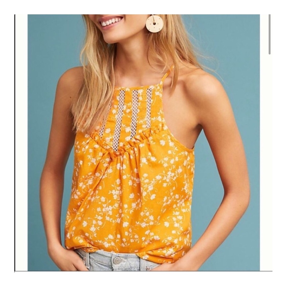 Maeve Anthropologie Floral Tank Top Lace‎ Trim Summer Sleeveless Mustard